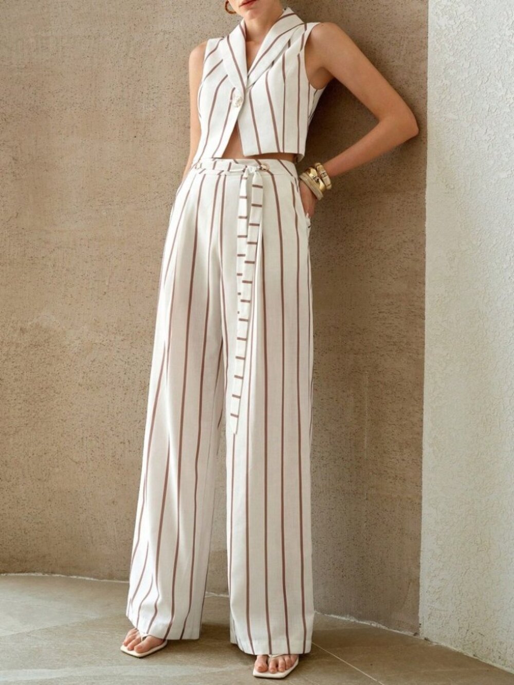Ivory / Brown Striped Shawl Collar Crop Vest and Wide Leg Pants Pantsuit Set